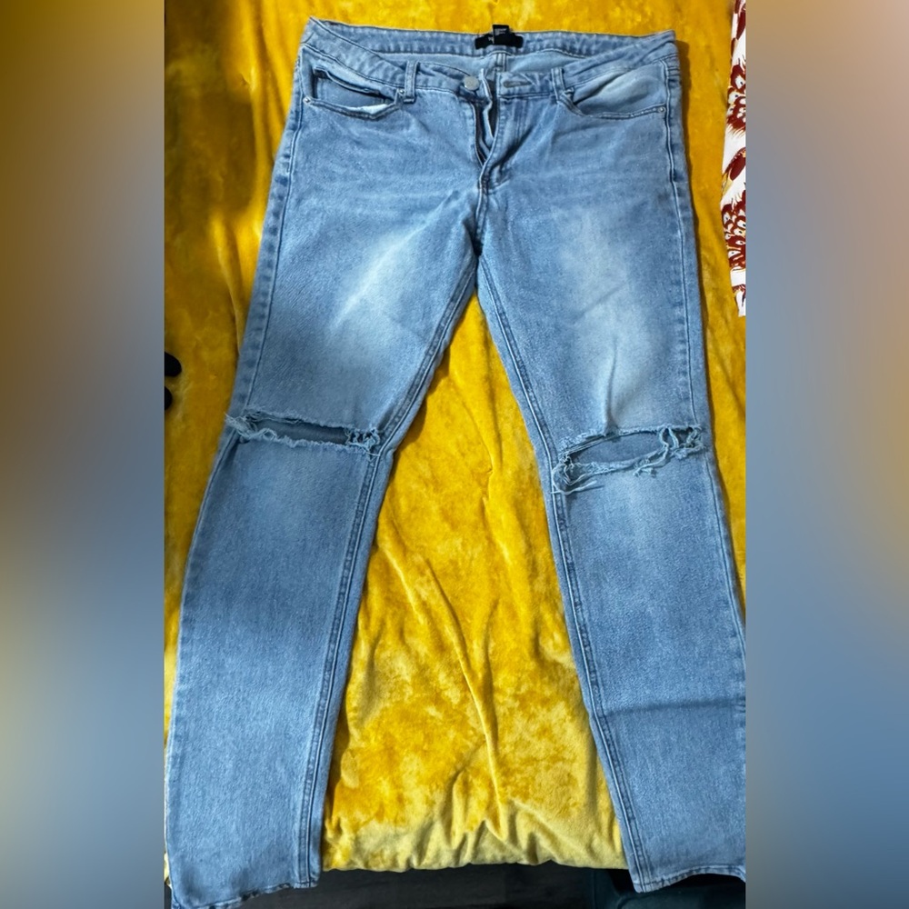 Forever 21 Light Blue Distressed Skinny Jeans